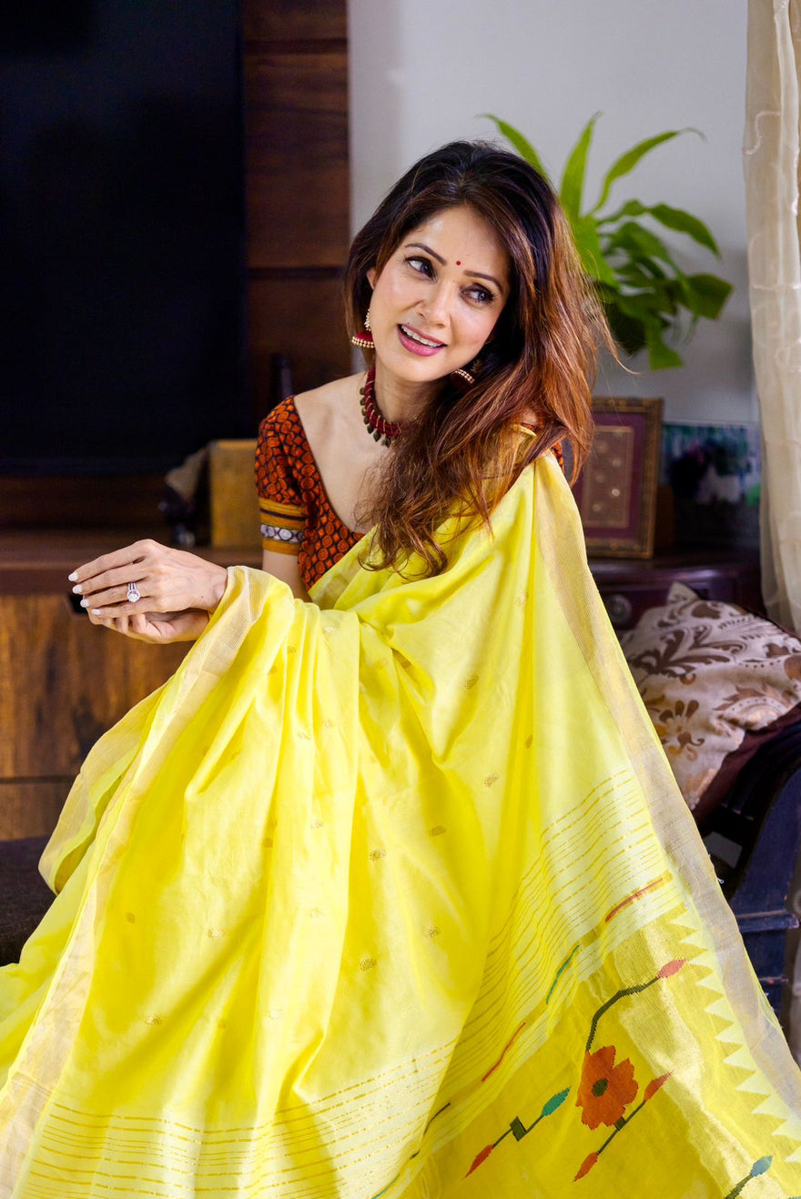 Raaga~ Traditional Handloom Pure Cotton Fresh Yellow Paithani with Parrots Pallu - verymuchindian.com