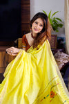 Raaga~ Traditional Handloom Pure Cotton Fresh Yellow Paithani with Parrots Pallu - verymuchindian.com