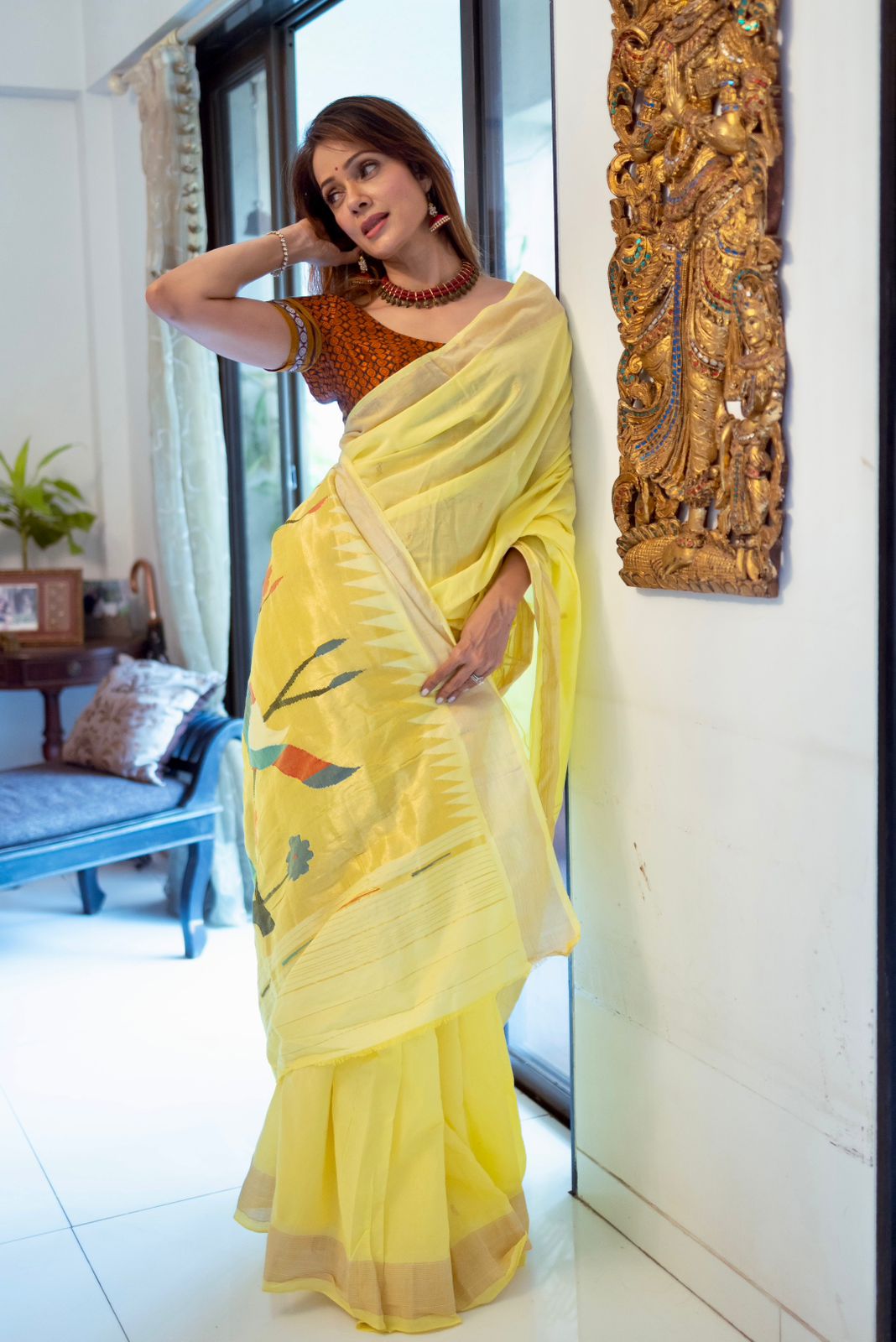 Raaga~ Traditional Handloom Pure Cotton Fresh Yellow Paithani with Parrots Pallu - verymuchindian.com