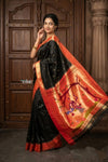 Radha Krishna ~ Bestseller! Authentic Handloom Pure Silk Muniya Border Paithani In Black with Radha Krishna Pallu (Silk Mark Certified) - verymuchindian.com