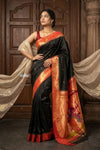 Radha Krishna ~ Bestseller! Authentic Handloom Pure Silk Muniya Border Paithani In Black with Radha Krishna Pallu (Silk Mark Certified) - verymuchindian.com