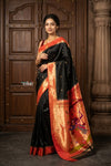 Radha Krishna ~ Bestseller! Authentic Handloom Pure Silk Muniya Border Paithani In Black with Radha Krishna Pallu (Silk Mark Certified) - verymuchindian.com