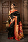 Radha Krishna ~ Bestseller! Authentic Handloom Pure Silk Muniya Border Paithani In Black with Radha Krishna Pallu (Silk Mark Certified) - verymuchindian.com