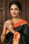 Radha Krishna ~ Bestseller! Authentic Handloom Pure Silk Muniya Border Paithani In Black with Radha Krishna Pallu (Silk Mark Certified) - verymuchindian.com