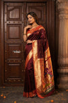 Radha Krishna ~ Bestseller! Authentic Handloom Pure Silk Muniya Border Paithani In Maroon with Radha Krishna Pallu (Silk Mark Certified) - verymuchindian.com