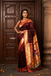 Radha Krishna ~ Bestseller! Authentic Handloom Pure Silk Muniya Border Paithani In Maroon with Radha Krishna Pallu (Silk Mark Certified) - verymuchindian.com