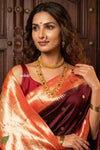 Radha Krishna ~ Bestseller! Authentic Handloom Pure Silk Muniya Border Paithani In Maroon with Radha Krishna Pallu (Silk Mark Certified) - verymuchindian.com