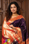 Radha Krishna ~ Bestseller! Authentic Handloom Pure Silk Muniya Border Paithani In Wine with Radha Krishna Pallu (Silk Mark Certified) - verymuchindian.com