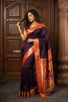 Radha Krishna ~ Bestseller! Authentic Handloom Pure Silk Muniya Border Paithani In Wine with Radha Krishna Pallu (Silk Mark Certified) - verymuchindian.com