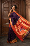 Radha Krishna ~ Bestseller! Authentic Handloom Pure Silk Muniya Border Paithani In Wine with Radha Krishna Pallu (Silk Mark Certified) - verymuchindian.com