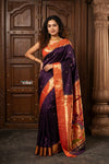 Radha Krishna ~ Bestseller! Authentic Handloom Pure Silk Muniya Border Paithani In Wine with Radha Krishna Pallu (Silk Mark Certified) - verymuchindian.com