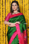 Rajsi~ Chosen! Designed by VMI- Handloom Pure Silk Muniya Border Saree With Peacock Pallu in Green with Contrast Pink - verymuchindian.com