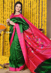Rajsi~ Chosen! Designed by VMI- Handloom Pure Silk Muniya Border Saree With Peacock Pallu in Green with Contrast Pink - verymuchindian.com