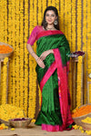 Rajsi~ Chosen! Designed by VMI- Handloom Pure Silk Muniya Border Saree With Peacock Pallu in Green with Contrast Pink - verymuchindian.com