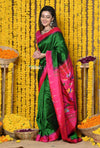 Rajsi~ Chosen! Designed by VMI- Handloom Pure Silk Muniya Border Saree With Peacock Pallu in Green with Contrast Pink - verymuchindian.com