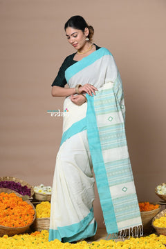 Rajsi ~ Handloom Pure Cotton Saree with Classic Border and Pallu~White - verymuchindian.com