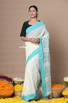 Rajsi ~ Handloom Pure Cotton Saree with Classic Border and Pallu~White - verymuchindian.com