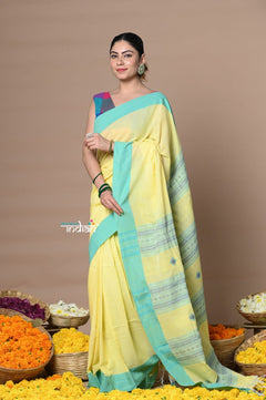 Rajsi ~ Handloom Pure Cotton Saree with Classic Border and Pallu~Yellow - verymuchindian.com