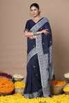 Rajsi ~ Handloom Pure Cotton Saree with Hand-embroidered Symmetric Border~ Dark Blue - verymuchindian.com