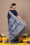 Rajsi ~ Handloom Pure Cotton Saree with Hand-embroidered Symmetric Border~ Dark Blue - verymuchindian.com