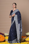 Rajsi ~ Handloom Pure Cotton Saree with Hand-embroidered Symmetric Border~ Dark Blue - verymuchindian.com