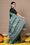 Rajsi ~ Handloom Pure Cotton Saree with Hand-embroidered Symmetric Border~ Green - verymuchindian.com