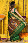 Rajsi~ Handloom Pure Silk Maharani Paithani With Handcrafted Maharani Pallu~ Dark Green(All over closer buttis) - verymuchindian.com