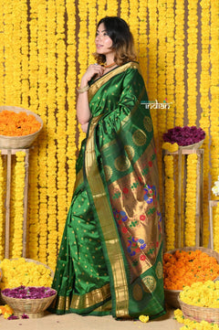Rajsi~ Handloom Pure Silk Maharani Paithani With Handcrafted Maharani Pallu~ Dark Green(All over closer buttis) - verymuchindian.com