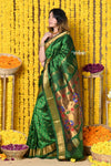 Rajsi~ Handloom Pure Silk Maharani Paithani With Handcrafted Maharani Pallu~ Dark Green(All over closer buttis) - verymuchindian.com
