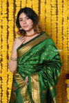 Rajsi~ Handloom Pure Silk Maharani Paithani With Handcrafted Maharani Pallu~ Dark Green(All over closer buttis) - verymuchindian.com
