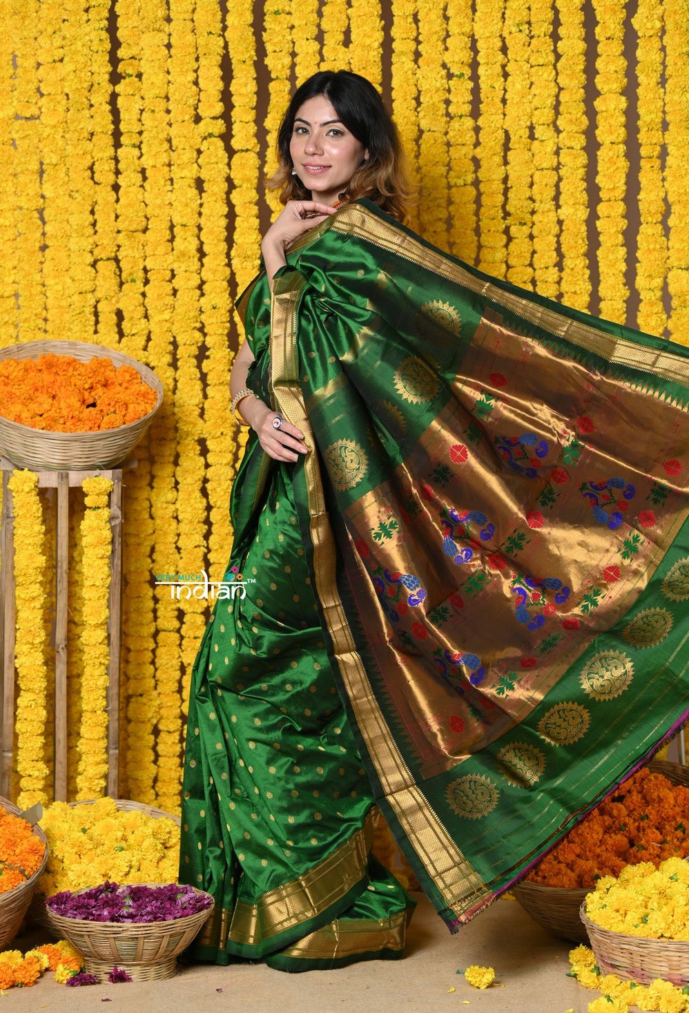 Rajsi~ Handloom Pure Silk Maharani Paithani With Handcrafted Maharani Pallu~ Dark Green(All over closer buttis) - verymuchindian.com