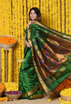 Rajsi~ Handloom Pure Silk Maharani Paithani With Handcrafted Maharani Pallu~ Dark Green(All over closer buttis) - verymuchindian.com