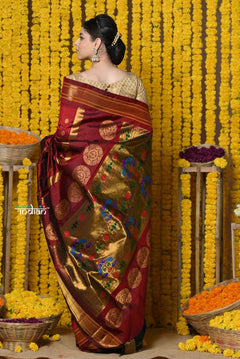 Rajsi~ Handloom Pure Silk Maharani Paithani With Handcrafted Traditional Maharani Pallu~ Maroon - verymuchindian.com