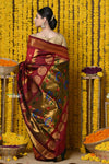 Rajsi~ Handloom Pure Silk Maharani Paithani With Handcrafted Traditional Maharani Pallu~ Maroon - verymuchindian.com