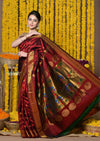 Rajsi~ Handloom Pure Silk Maharani Paithani With Handcrafted Traditional Maharani Pallu~ Maroon - verymuchindian.com