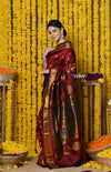 Rajsi~ Handloom Pure Silk Maharani Paithani With Handcrafted Traditional Maharani Pallu~ Maroon - verymuchindian.com