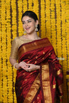 Rajsi~ Handloom Pure Silk Maharani Paithani With Handcrafted Traditional Maharani Pallu~ Maroon - verymuchindian.com