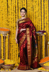 Rajsi~ Handloom Pure Silk Maharani Paithani With Handcrafted Traditional Maharani Pallu~ Maroon - verymuchindian.com
