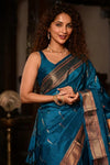 Rajsi ~ Handloom Pure Silk Maharani Paithani with Maharani Pallu in Peacock Blue (Muniya Butti) - verymuchindian.com