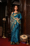 Rajsi ~ Handloom Pure Silk Maharani Paithani with Maharani Pallu in Peacock Blue (Muniya Butti) - verymuchindian.com