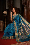 Rajsi ~ Handloom Pure Silk Maharani Paithani with Maharani Pallu in Peacock Blue (Muniya Butti) - verymuchindian.com
