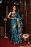 Rajsi ~ Handloom Pure Silk Maharani Paithani with Maharani Pallu in Peacock Blue (Muniya Butti) - verymuchindian.com