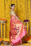 Rajsi~ Handloom Pure Silk Muniya Border Saree WIth Handcrafted Parrot Pallu in Perfect Pastel Pink - verymuchindian.com