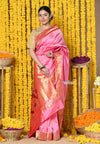Rajsi~ Handloom Pure Silk Muniya Border Saree WIth Handcrafted Parrot Pallu in Perfect Pastel Pink - verymuchindian.com