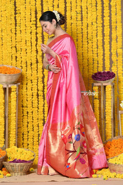 Rajsi~ Handloom Pure Silk Muniya Border Saree WIth Handcrafted Parrot Pallu in Perfect Pastel Pink - verymuchindian.com