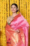 Rajsi~ Handloom Pure Silk Muniya Border Saree WIth Handcrafted Parrot Pallu in Perfect Pastel Pink - verymuchindian.com