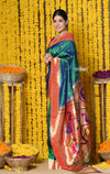 Rajsi~ Handloom Pure Silk Muniya Border Saree with Handcrafted Peacock Pallu in Dual Tone Green - verymuchindian.com