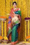 Rajsi~ Handloom Pure Silk Muniya Border Saree with Handcrafted Peacock Pallu in Dual Tone Green - verymuchindian.com