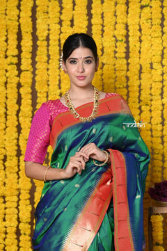 Rajsi~ Handloom Pure Silk Muniya Border Saree with Handcrafted Peacock Pallu in Dual Tone Green - verymuchindian.com