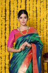 Rajsi~ Handloom Pure Silk Muniya Border Saree with Handcrafted Peacock Pallu in Dual Tone Green - verymuchindian.com